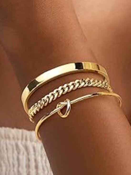 Jewelry - 14K Gold Cuban Gold Bangle Cuff Bracelet Set of 3